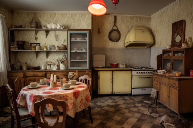 Um exemplo típico de um antigo interior russo soviético em uma casa de Khruschev pode ser visto no pertencimento