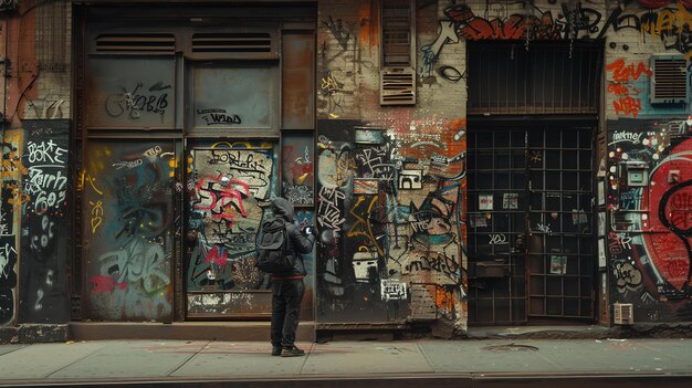 Foto um explorador urbano está em frente a uma parede coberta de graffiti colorido na cidade