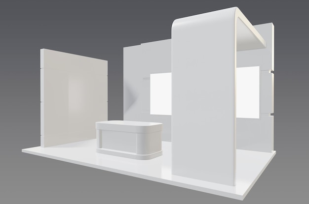 Um expositor branco com uma mesa branca e um balcão branco