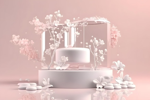 Um expositor cor-de-rosa com uma caixa branca com flores.