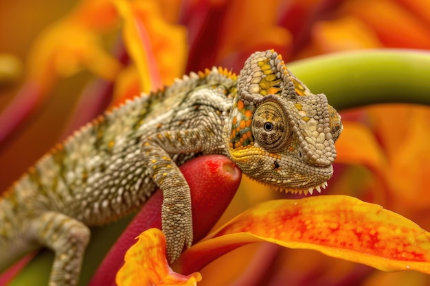 Um exquisito close-up extremo capturando um camaleão empoleirado em uma flor