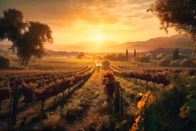 Foto um extenso vinhedo com fileiras de videiras e um pôr do sol deslumbrante