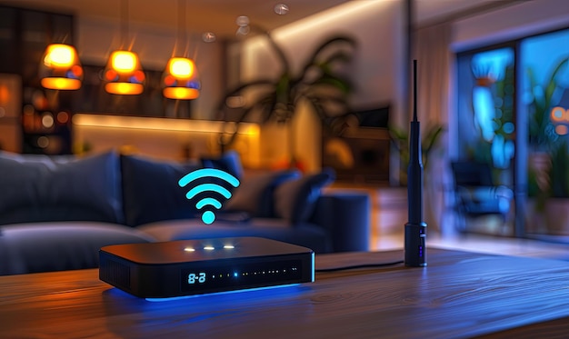 Foto um extensor wi-fi símbolo wi-fi azul casa inteligente conectada