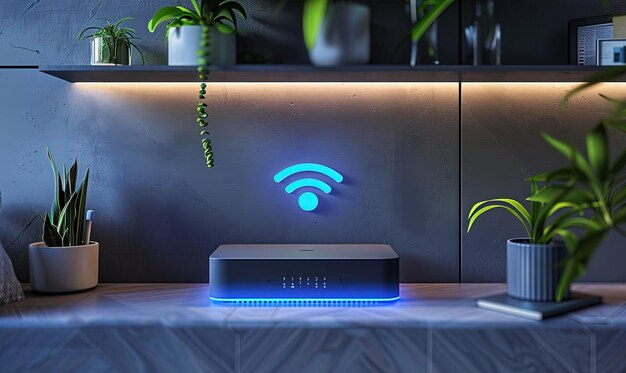 Foto um extensor wi-fi símbolo wi-fi azul casa inteligente conectada