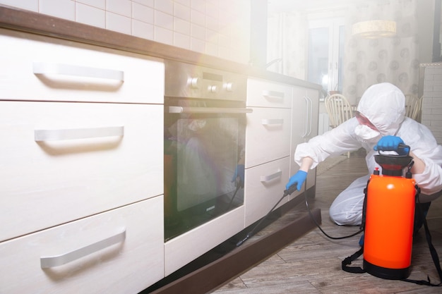 Um exterminador em roupas de trabalho pulveriza pesticidas com uma pistola de pulverização. lute contra insetos em apartamentos e casas. desinfecção das instalações.