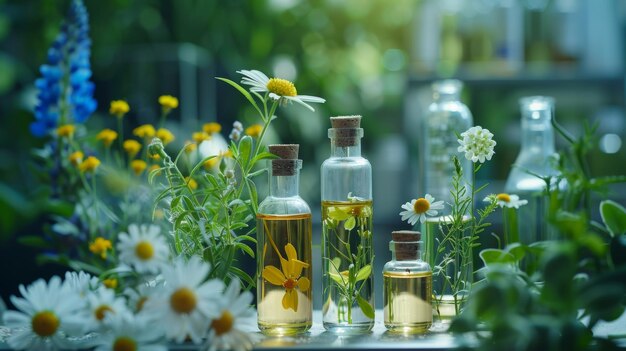 Um extrato orgânico de ervas verdes deixa uma solução de essência floral em um laboratório