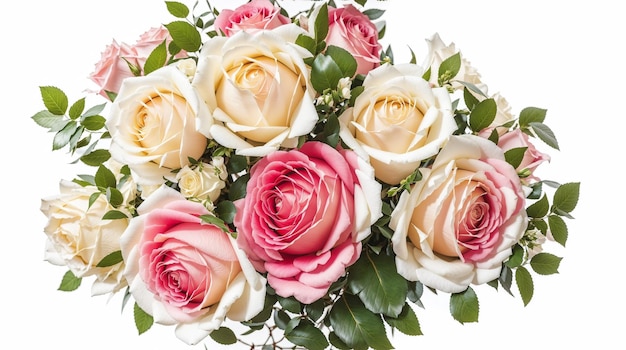 Um exuberante buquê romântico de rosas contra um fundo branco imaculado