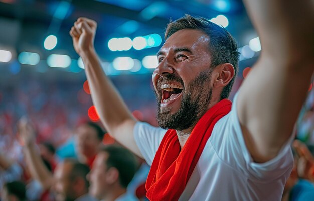 Foto um fã de futebol encantado gritando e agitando os braços no ar para indicar sua afeição pelo jogo