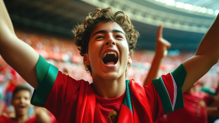 Foto um fã feliz deixou cair o queixo fazendo gestos altos no estádio de futebol.
