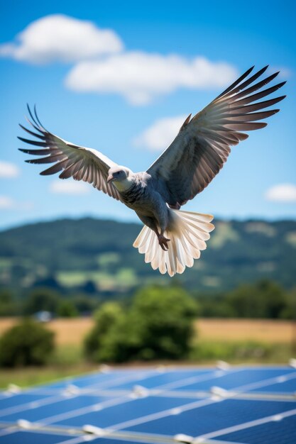 Foto um falcão cinzento está voando acima de uma fazenda solar
