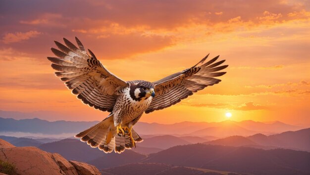 Um falcão solitário voando graciosamente contra o fundo de uma paisagem natural serena durante as encantadoras cores de um pôr-do-sol