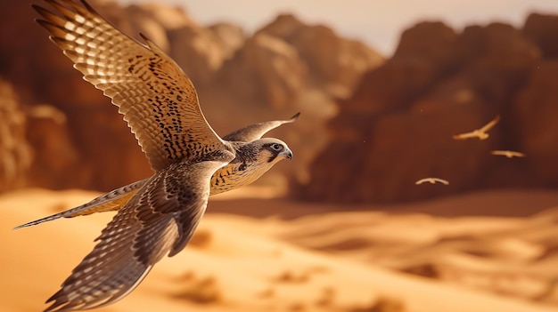 Um falcão voa sobre dunas com fundo desértico