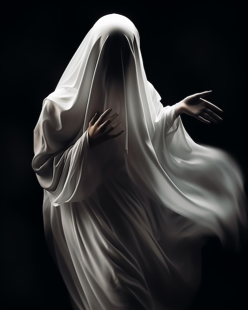 Um fantasma branco em um quarto escuro fica em pose sagrada com fundo preto