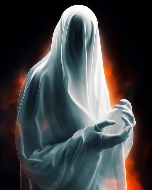 Um fantasma branco em um quarto escuro fica em pose sagrada com fundo preto