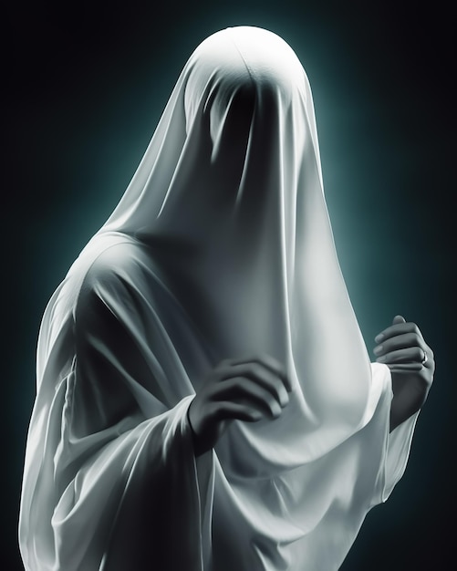 Um fantasma branco em um quarto escuro fica em pose sagrada com fundo preto