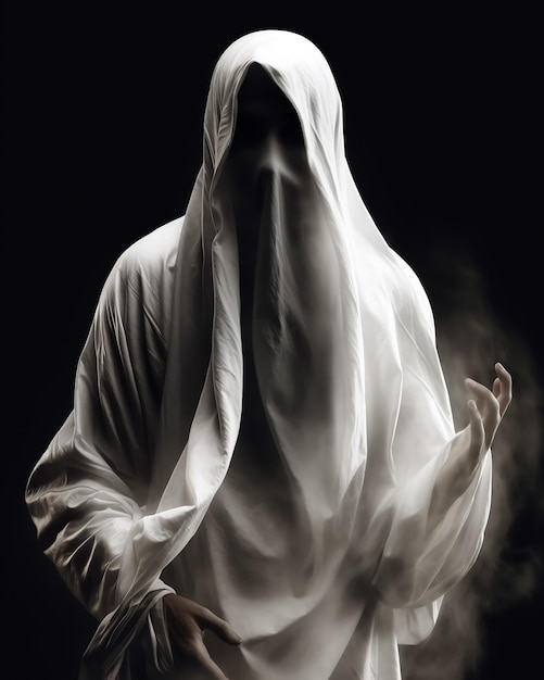 Um fantasma branco em um quarto escuro fica em pose sagrada com fundo preto