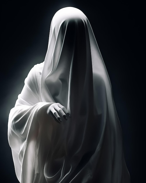Foto um fantasma branco em um quarto escuro fica em pose sagrada com fundo preto