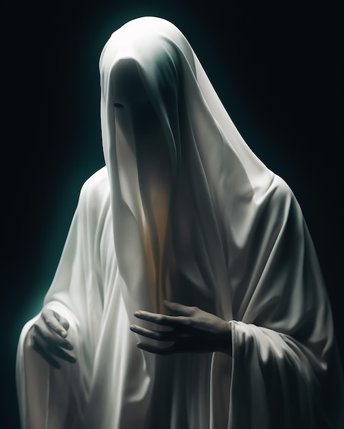 Um fantasma branco em um quarto escuro fica em pose sagrada com fundo preto