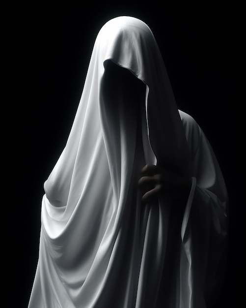 Um fantasma branco em um quarto escuro fica em pose sagrada com fundo preto