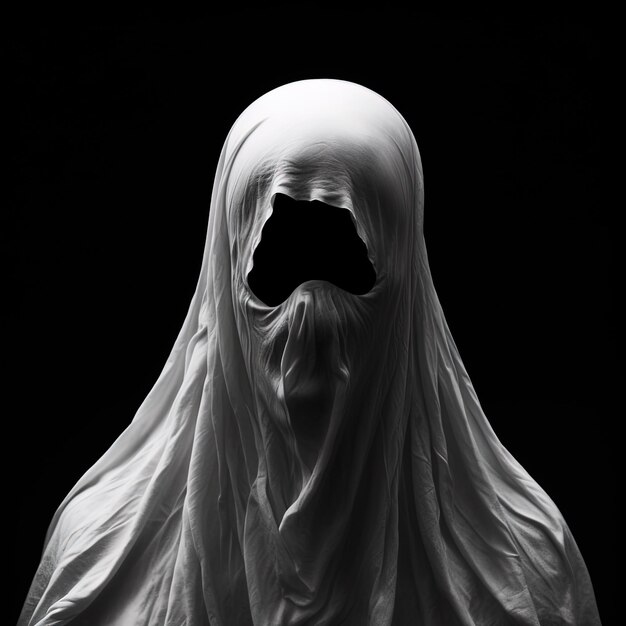 Um fantasma branco está no escuro de uma sala escura.