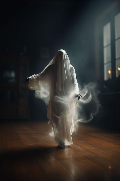 Foto um fantasma caminha sobre um piso de madeira em um quarto escuro com uma janela atrás dela.