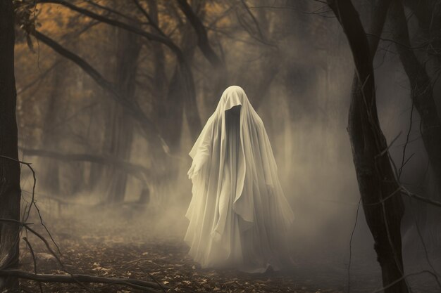 Um fantasma caminhando por uma floresta nebulosa
