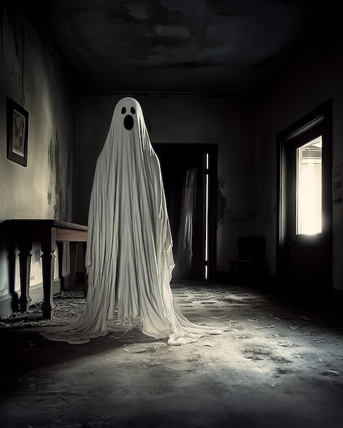 Um fantasma com um lençol branco está parado em um quarto escuro