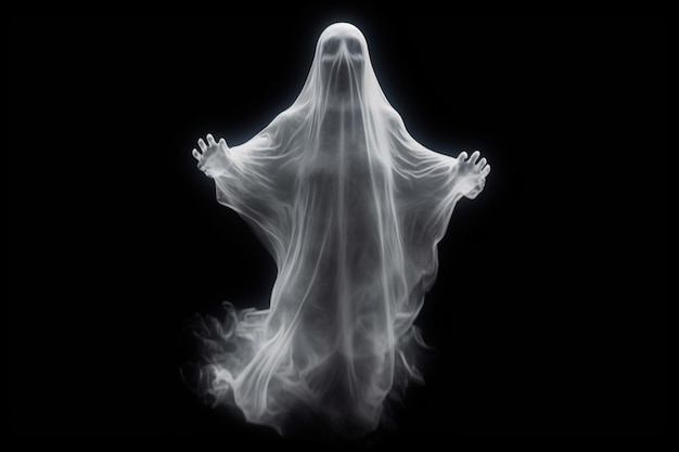 Um fantasma com um véu branco é mostrado na fumaça.