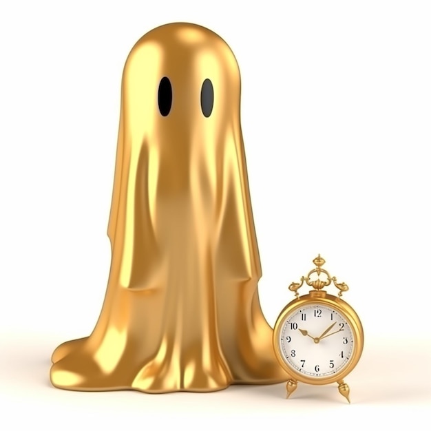 Um fantasma de ouro está ao lado de um relógio com a hora em 12:30.