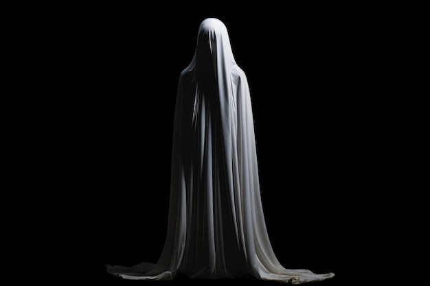 Um fantasma em um lençol branco em um fundo preto IA gerativa