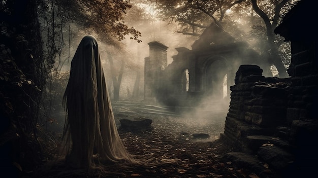 Um fantasma está na frente de uma casa em ruínas.