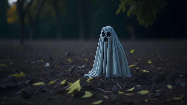 Um fantasma está sentado no meio de uma floresta com folhas no chão.