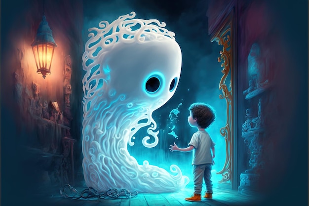 Foto um fantasma gigante emergiu de outra dimensão e estendeu a mão para a ilustração do estilo de arte digital infantil pintando o conceito de fantasia de uma criança com fantasma