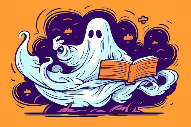 Foto um fantasma giro a ler uma ilustração de livro.