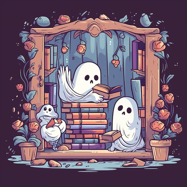 Foto um fantasma giro a ler uma ilustração de livro.