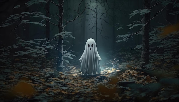 Um fantasma na floresta com uma luz acesa