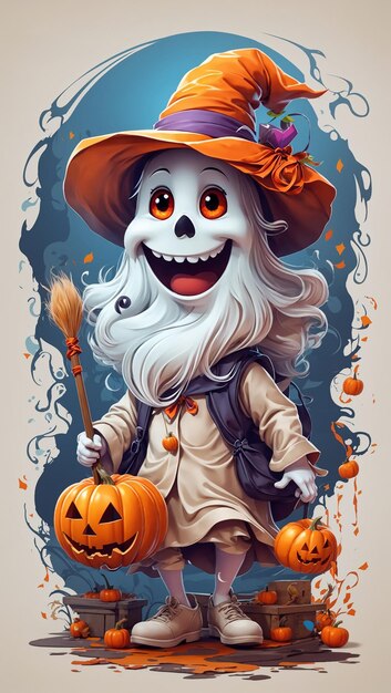 Um fantasma professor bonito colorido usar chapéu de bruxa segurar um fantasma ao lado de uma bonita abóbora de Halloween