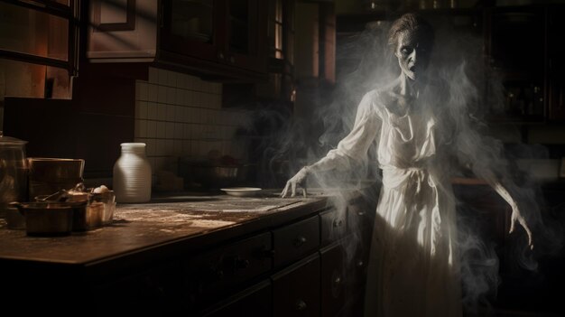 Um fantasma vampiro assustador na cozinha. Uma imagem incrivelmente bonita.