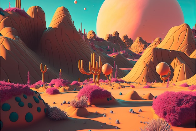 Um fantástico planeta multicolorido Montanhas de areia e plantas alienígenas contra um céu azul e um planeta rosa renderização em 3d Generative AI