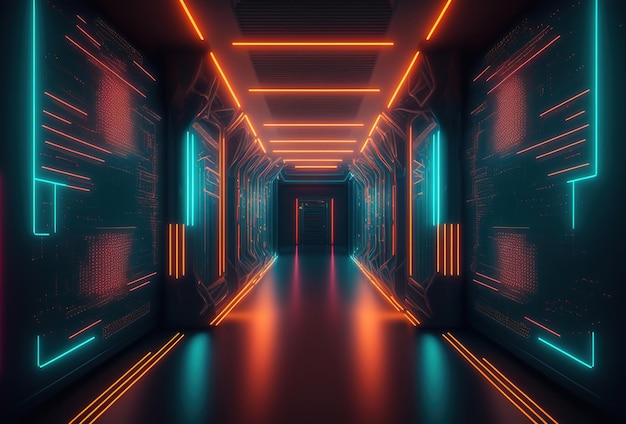 Um fantástico túnel de néon o corredor de uma nave espacial Imersão em realidade virtual inteligência artificial Fundo abstrato escuro com brilho multicolorido Renderização em 3D gerada por IA