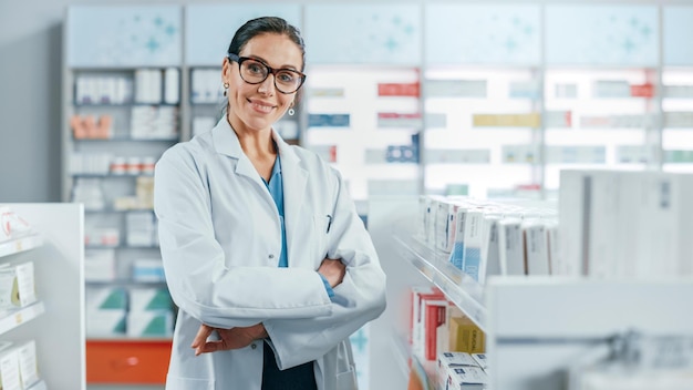 Um farmacêutico está em frente ao balcão de uma farmácia.