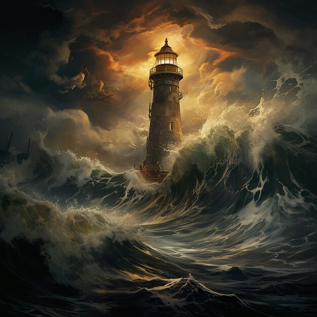 Um farol apanhado nas tempestades, as ondas aceleradas guiam os navios para a segurança.