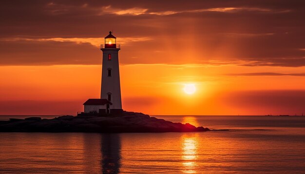 Um farol é recortado contra um pôr do sol.