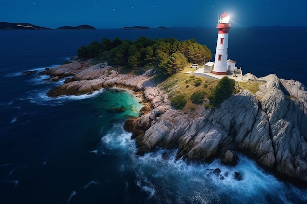 um farol em um penhasco com um oceano azul ao fundo