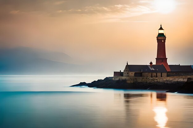 Foto um farol está em uma costa rochosa com o sol brilhando sobre a água