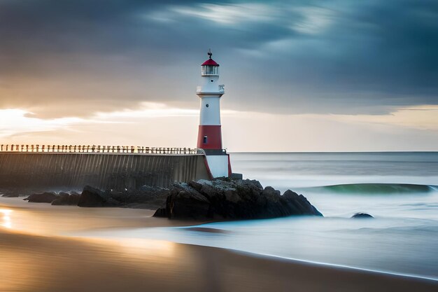 Um farol está em uma praia rochosa com o sol a pôr-se atrás dele.