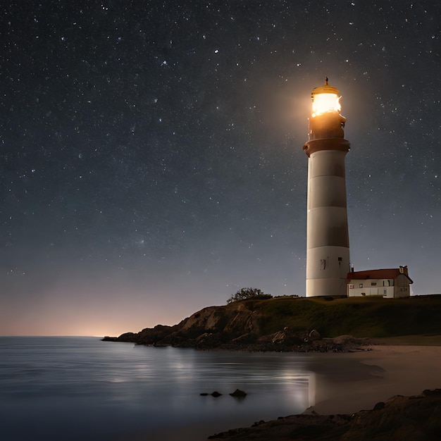 Foto um farol está iluminado à noite com o oceano ao fundo