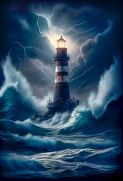 Um farol está no oceano com um céu tempestuoso acima dele.