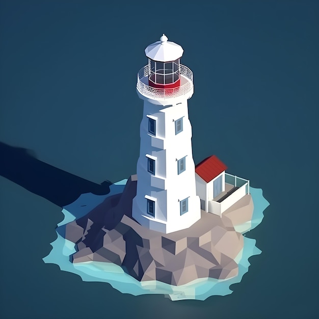 Um farol estilo low poly com uma pequena ilha no meio