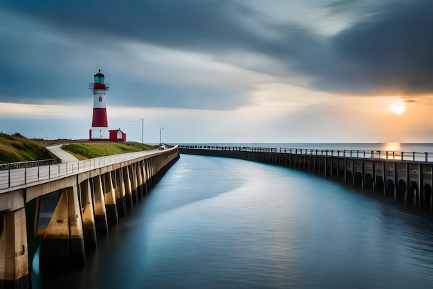 um farol fica à beira de um corpo d'água.